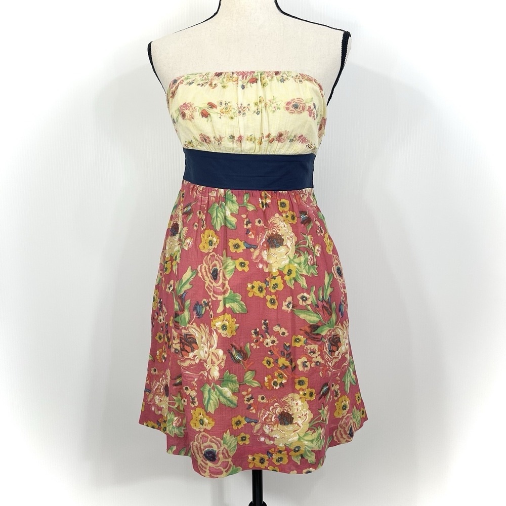 Maeve Anthropologie Floral Strapless Mini Dress 2 Yellow Pink Garden Tea Party